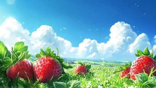 Strawberries in low meadow under cumulus cloud fieldscape.