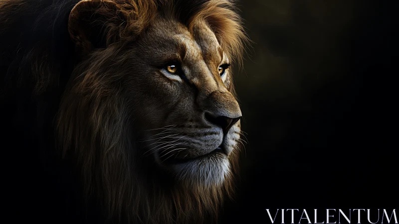 Side profile study of male lion against dark background.