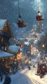 Snowy alpine village street with festive chairlift sleds