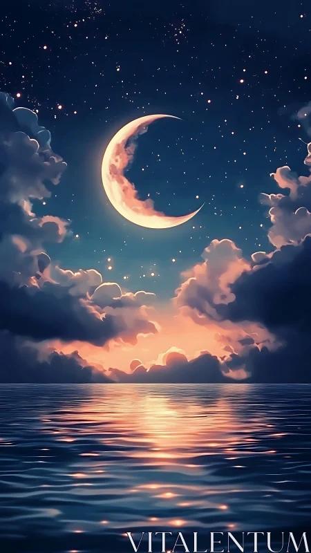 Crescent moon hangs above reflective ocean at colorful dusk.