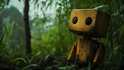 Curious little robot resting quietly in a lush green forest.
