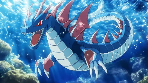 Serpentine aquatic dragon is rendered in dynamic underwater scene