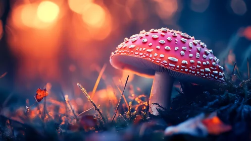 Fly agaric mushroom glows against blurred forest sunset