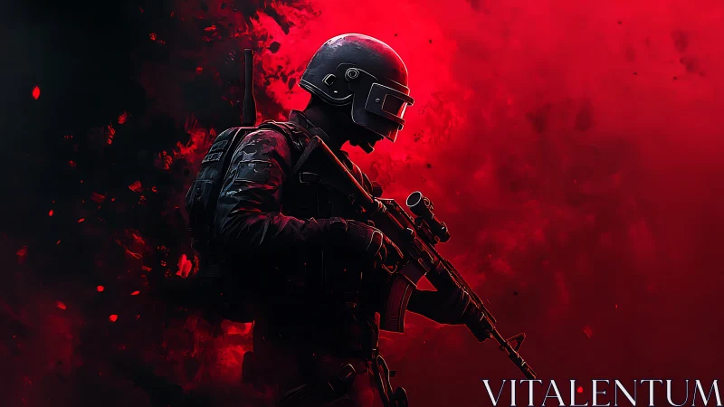 Midnight commando strides through burning crimson fog