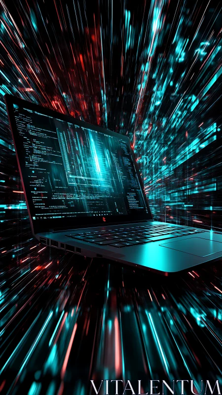 High-velocity laptop amid neon data tunnel in cyberspace.