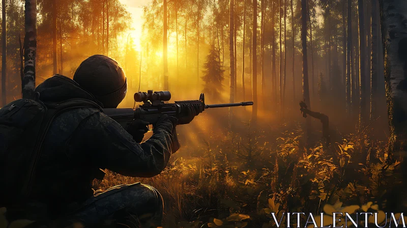 Camouflaged marksman aiming rifle in sunlit misty forest