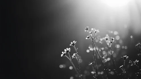 Soft morning light kissing wildflowers in quiet grayscale.