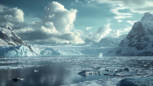 Glacier coastline and sea ice under dense cumulus clouds