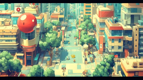 Isometric Pokemon cityscape with volumetric lighting and depth.