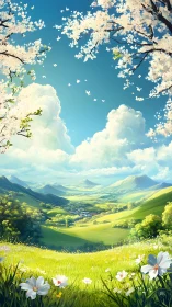 Valley landscape under blue sky with blossoms and clouds.