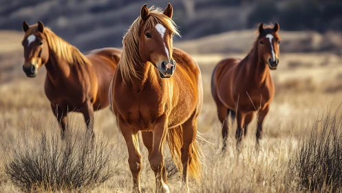 Three chestnut horses standing in dry open grassland field.