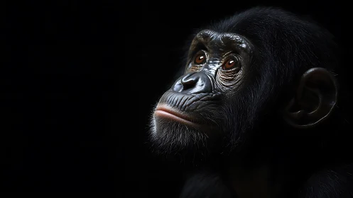 Side profile of young chimpanzee against dark black background.