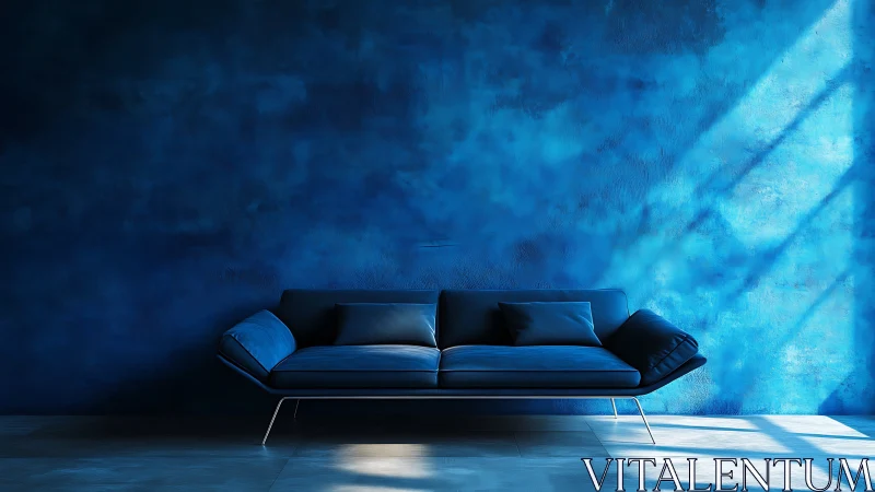 Sunlit blue lounge sofa against dreamy textured wall.