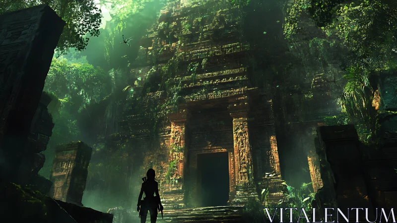 Jungle explorer before towering vine-covered temple ruins.