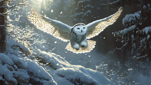 Majestic snowy owl in flight over winter forest, digital artwork.