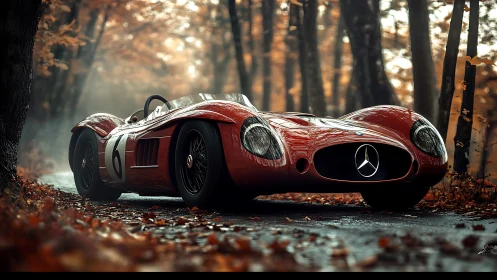 Red vintage Mercedes race car parked on wet forest road