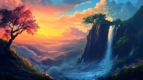 Digital landscape shows sunset sky, cliffs and waterfall