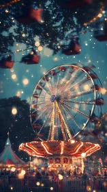 Nocturnal carousel and ferris wheel with dreamy light bokeh.