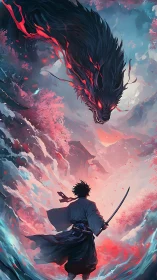 Lone swordsman confronts flaming shadow dragon above canyon