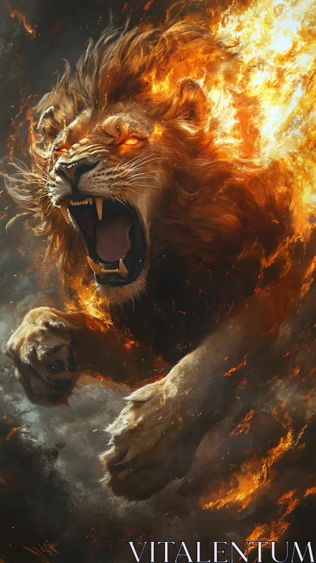 Flaming lion erupts from smoke with fierce, untamed power