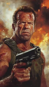 Battle-worn action hero holds a pistol amid roaring flames