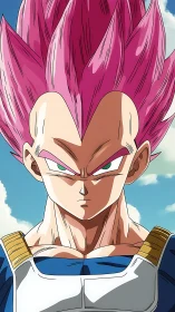 Pink-haired anime warrior under bright blue sky portrait.