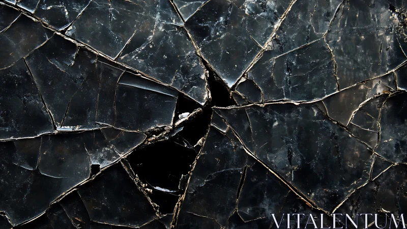 Shattered black glass forms a dramatic abstract fracture pattern