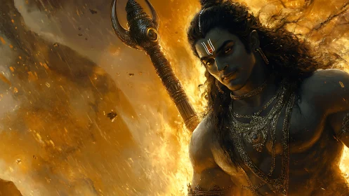 Mythic warrior figure in molten orange fiery environment.