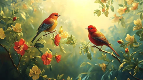 Two Vibrant Red Birds on Flowering Branches, Realistic Art Style.