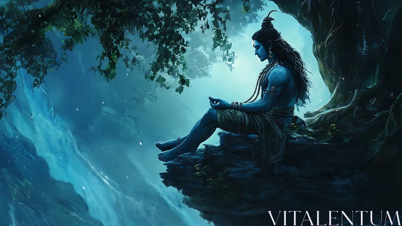 Blue-skinned seated figure meditates on a rock ledge at night