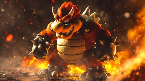 Fiery spiked beast rendered in cinematic 3D over lava field