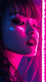 Neon-lit portrait with glossy makeup and cyberpunk mood.