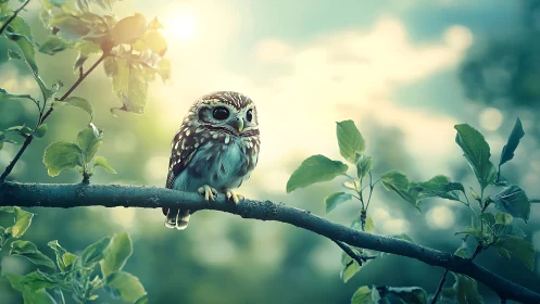 Adorable Owl on Branch in Soft Sunlight, Dreamy Nature Scene.