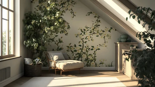 Soft sunlight pours into a cozy reading nook with floral charm