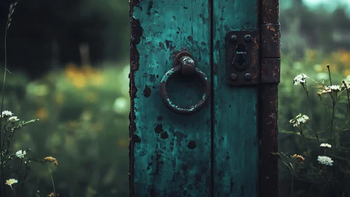 Weathered garden door opening toward a quiet, hidden meadow.