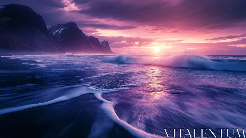 Violet storm waves surge under glowing coastal sunset.