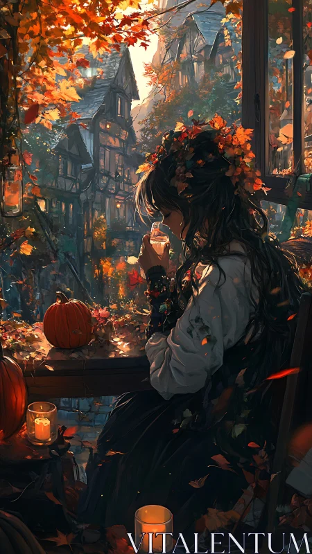 Autumn girl by window with pumpkins and village view.