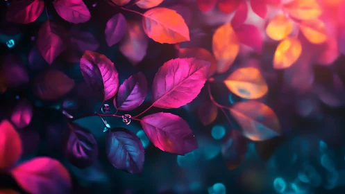 Neon-tinted foliage glows under shallow depth-of-field bokeh