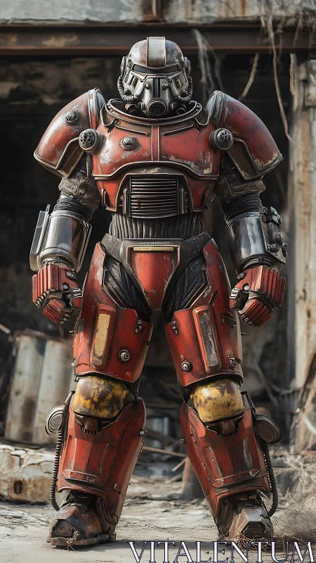 Red power armor exosuit dominates postapocalyptic yard.