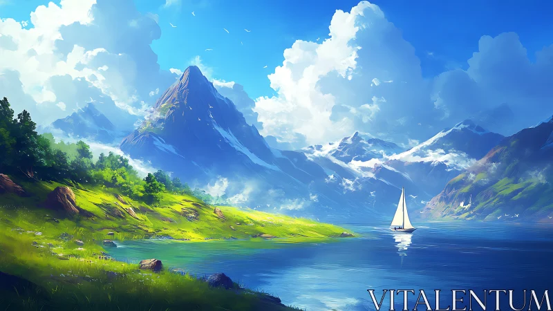 Sunlit alpine lake panorama with snow peaks and sailboat