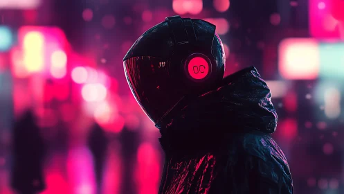 Neon night drapes a hooded listener in electric solitude