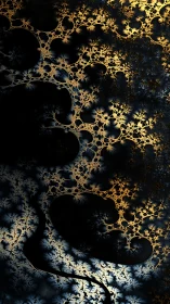 Golden branching fractal against deep black field.
