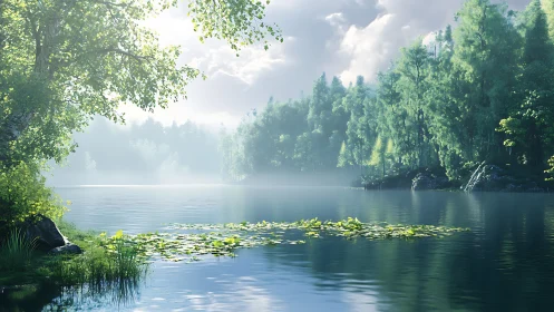 Calm forest lake with lilies under soft morning light.