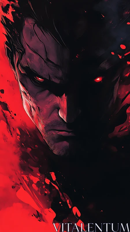 Intense red and black portrait of a stern male figure.