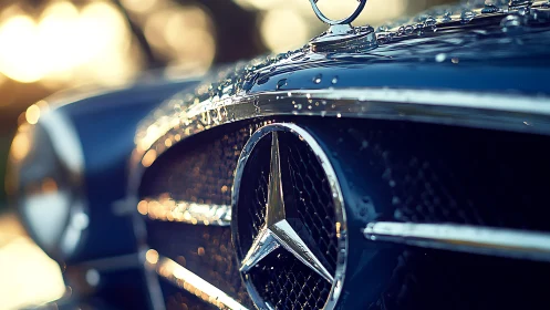 Macro close-up isolates chrome car emblem with shallow focus
