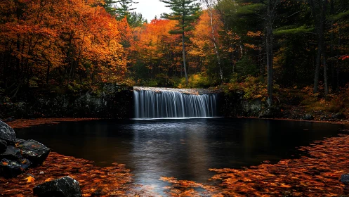 Autumn forest waterfall flowing into calm reflective pool.