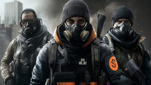 Masked urban guardians stand united in a stormy cityscape.