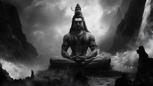 Divine mountain yogi sits in stormy monochrome landscape.