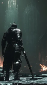 Armored knight surveying cathedral-scale ruin in cold firelight.