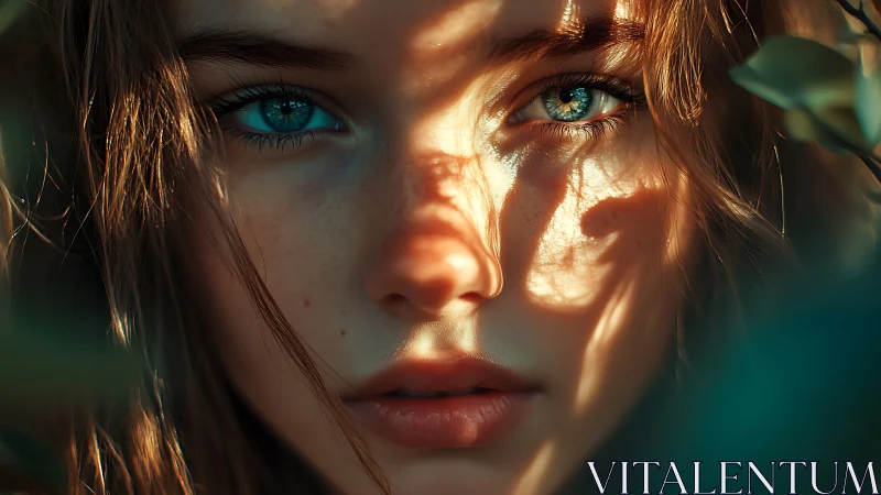 Close-up digital portrait with dappled sunlight and blue eyes.